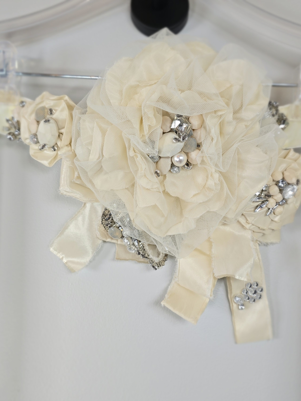 Enzoani Ivory Floral Satin and Tulle Bridal Sash with Crystal Accents
